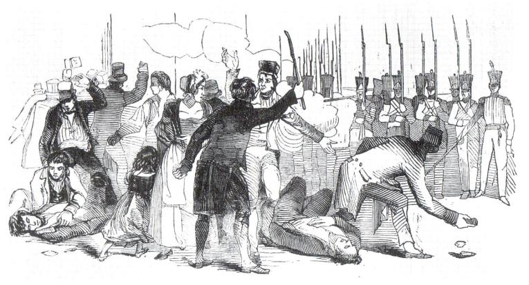 The Military confronts Strikers - muskets and bayonets against sticks and stones.